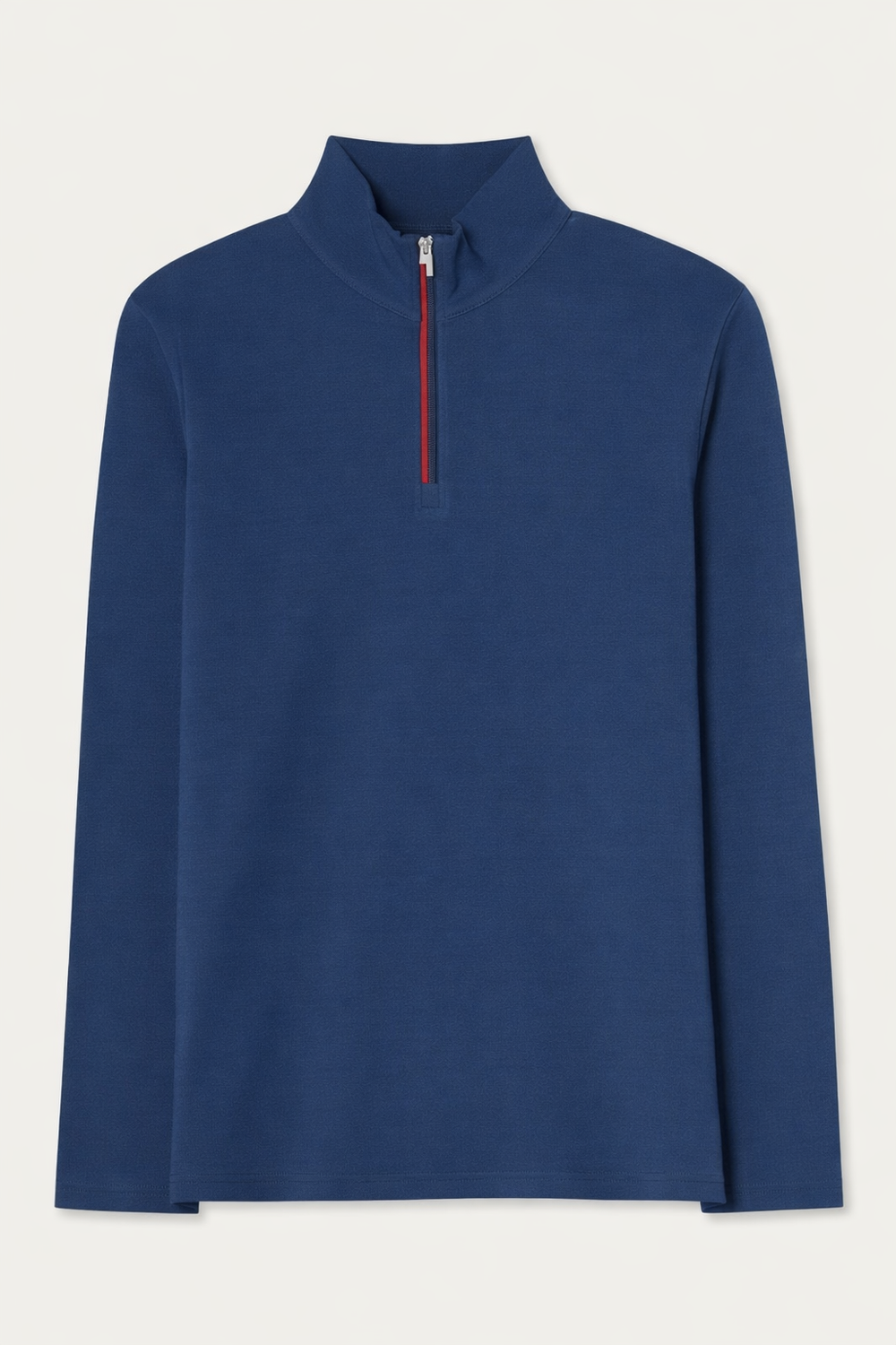 The Moore ZipUp Solid men by We Norwegians is a navy, long-sleeve alpine base layer pullover with a high collar, front quarter-zip with red zipper detail, and smooth, structured fabric—ideal for winter sports.