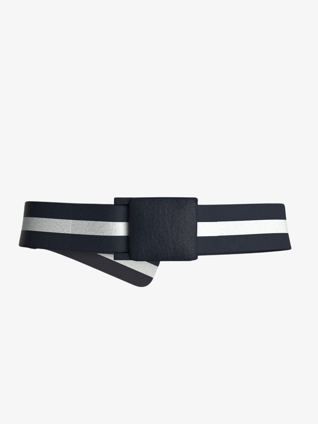 The Vidda Belt by We Norwegians is a navy blue polyester unisex accessory featuring two parallel white stripes running along its length and a large square buckle. The adjustable belt is coiled to prominently display the stripes and buckle, set against a white background.