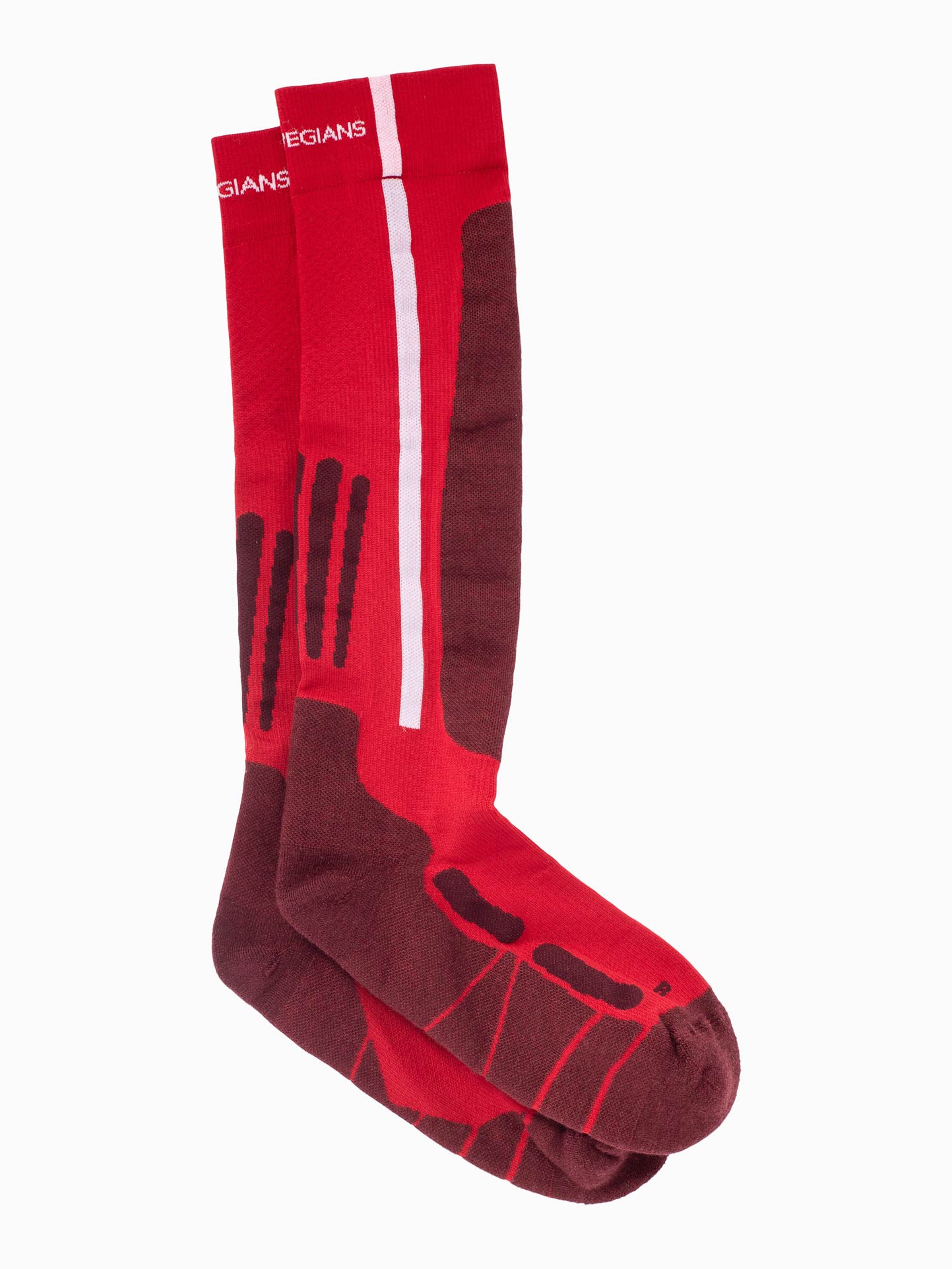 The Rocky Ski Socks by We Norwegians are red and dark burgundy wool-knit knee-high socks with geometric patterns, featuring a white vertical stripe. The cuff has partial text, making them ideal for unisex wear.