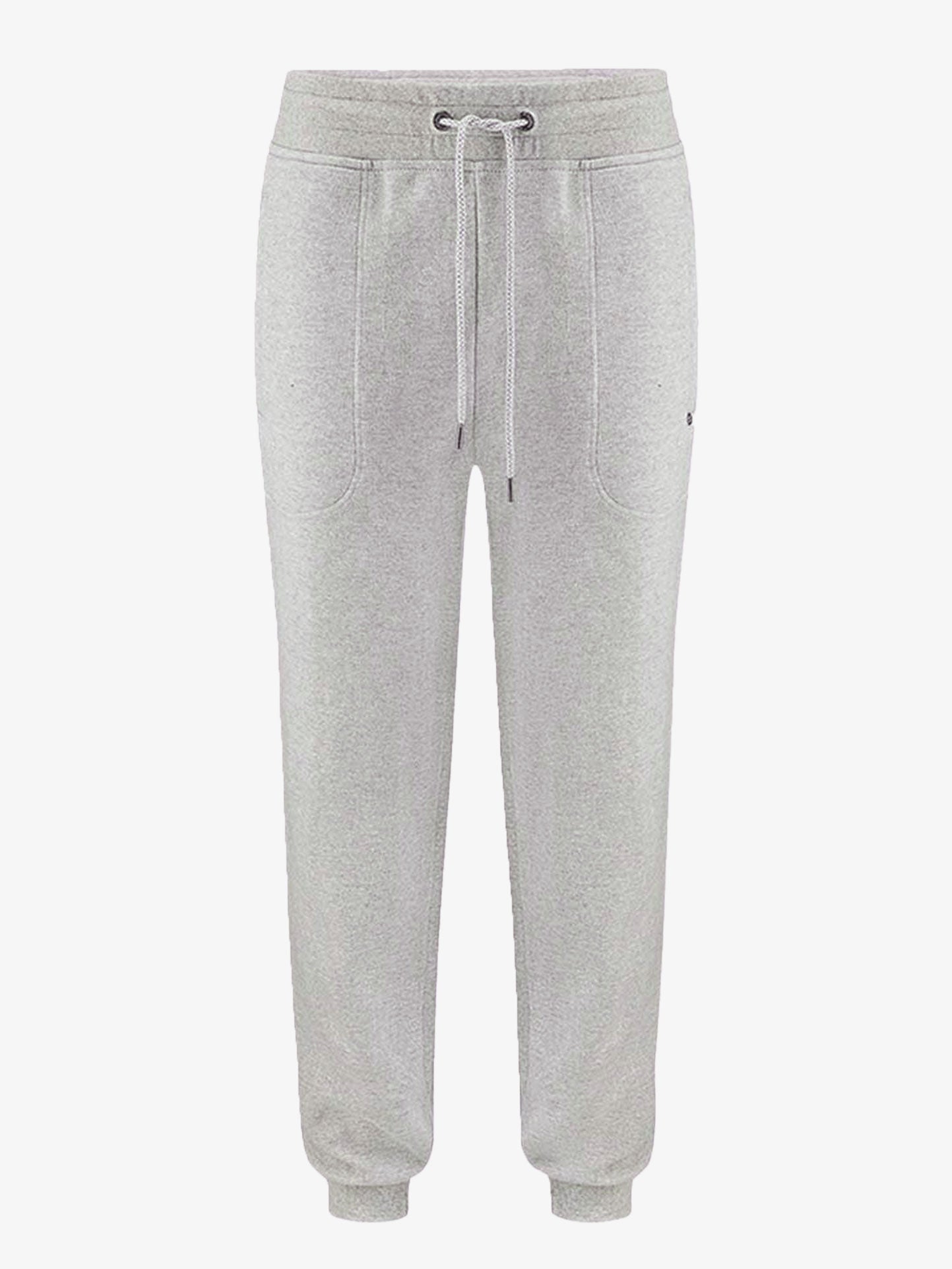 An image of a pair of light gray Tind Joggers Men by We Norwegians, showcasing an elastic waistband and a drawstring. These Merino wool joggers feature front pockets, tapered legs, and ribbed cuffs at the ankles. The overall design is simple yet embodies contemporary-cool, suitable for leisurewear with the added benefit of being odor-resistant.