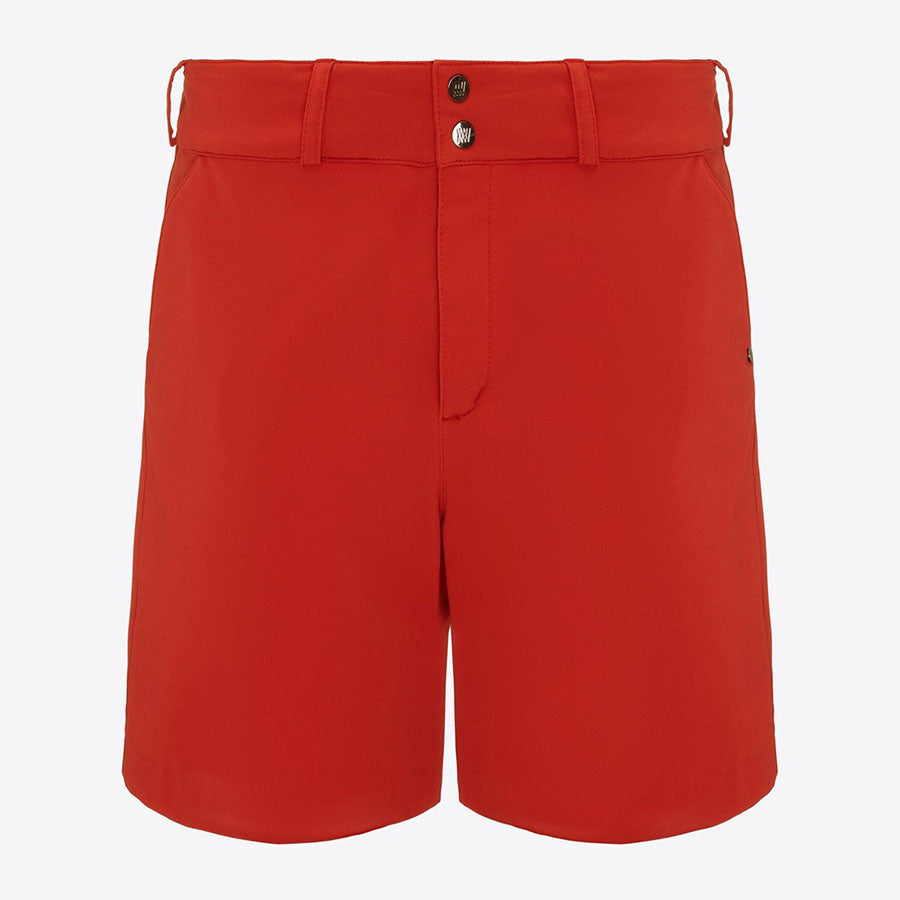 The Lista Shorts Men Red, by We Norwegians, are showcased against a plain white background. They include a button and zipper closure, belt loops, and pockets. Made from Swiss Schoeller fabric with 4-way stretch, they offer ultimate comfort.