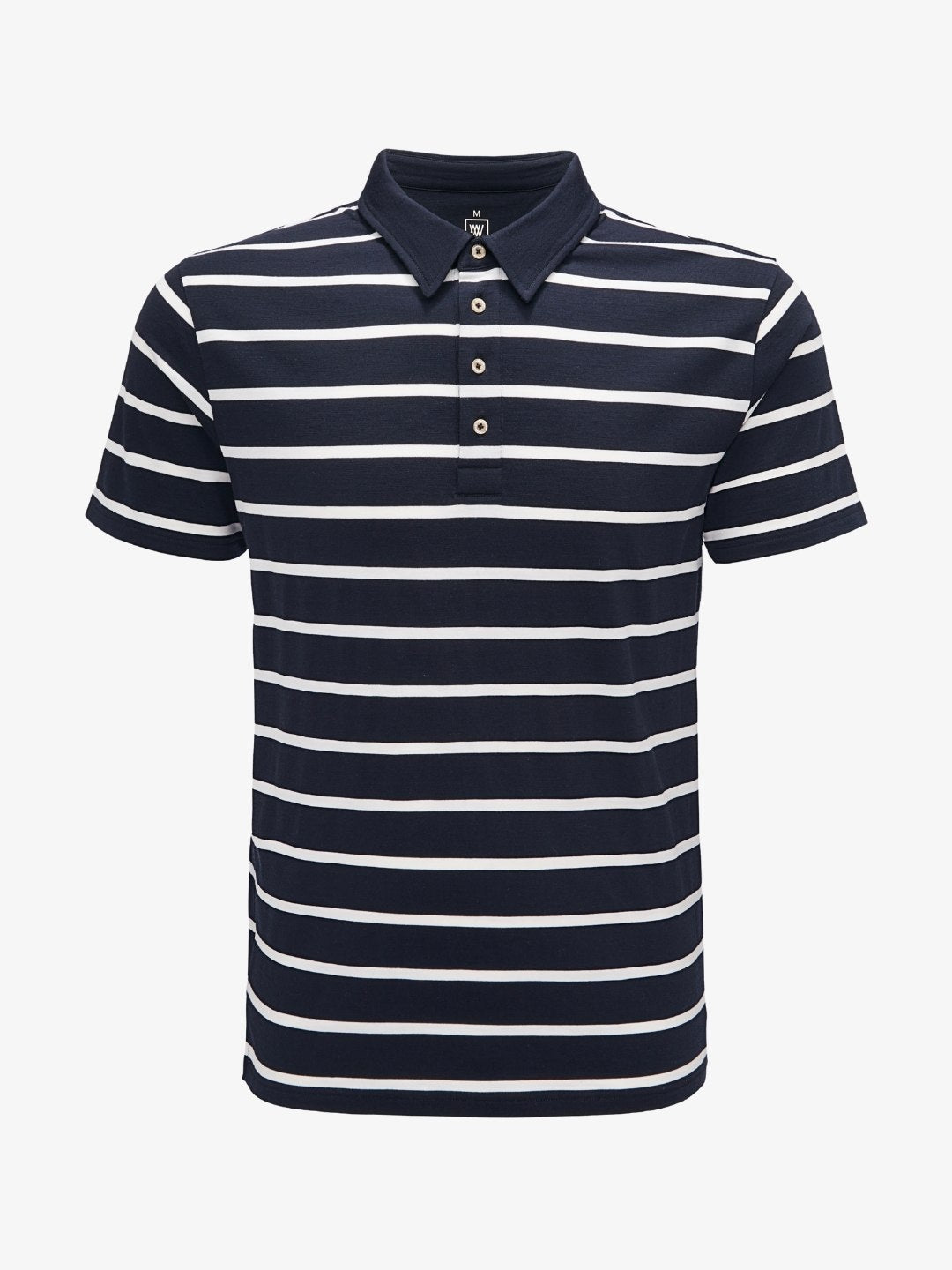 The Kragero Polo Men Navy by We Norwegians is a short-sleeved navy polo shirt with horizontal white stripes and a three-button placket, perfect as a base layer for summer activities. The shirt features a collar and is displayed against a plain white background.